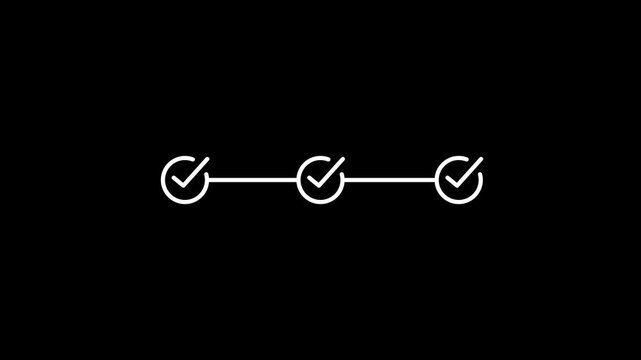 infographic step by three step process icon animation on black background. 3 step-by-step process success with check marks loop animation.4k quality animation video..