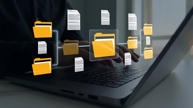 Business document management concept featuring digital folders, electronic files and workflow organization for secure corporate information storage and productivity.