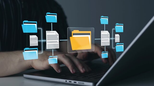 Digital archive and document management solution featuring organized folders, electronic files, secure storage and business process automation interface.