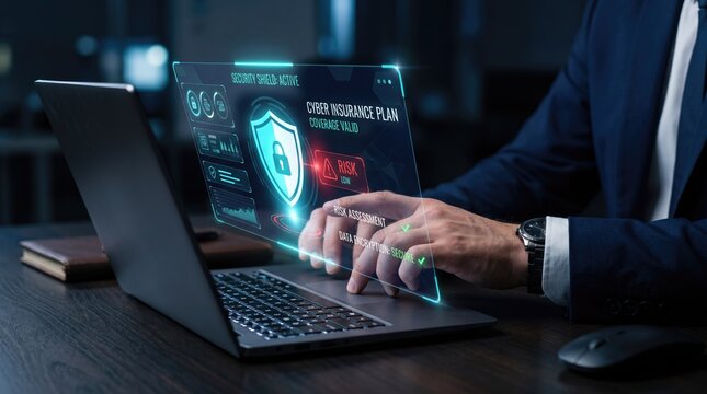 Cyber insurance plan interface on futuristic glass screen, digital data protection and network security concept, businessman using laptop with glowing shield icon