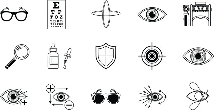 Outline Ophthalmology and Eye Care Icon Set with Glasses Vision Test and Eye Drop