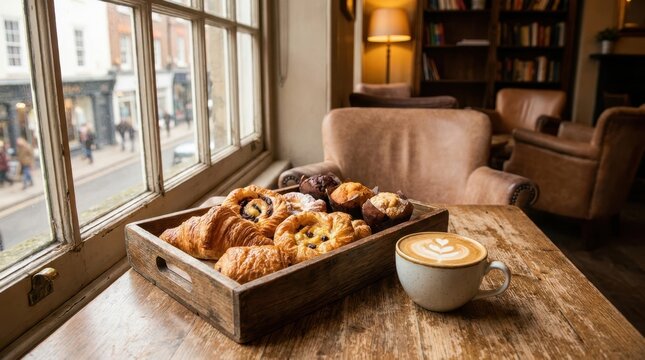 Cozy cafe scene with fresh pastries and latte art by the window
