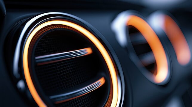 Close-up of illuminated car interior air vents with ambient lighting