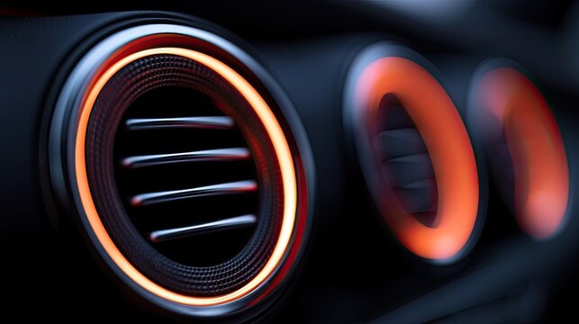 Close-up of illuminated car air vents with orange glow and textured detail