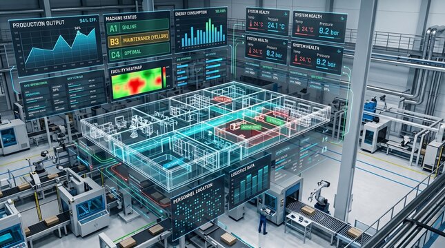 Futuristic factory with holographic displays showing production output machine status and facility heatmap