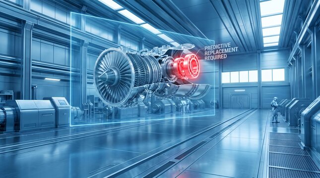 Detailed 3D model of jet engine with highlighted components indicating predictive maintenance is needed