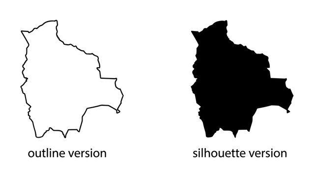 Map of Bolivia Outline and Silhouette: A clear outline and solid silhouette of the country of Bolivia, presented side-by-side, perfect for geographical reference or design elements.