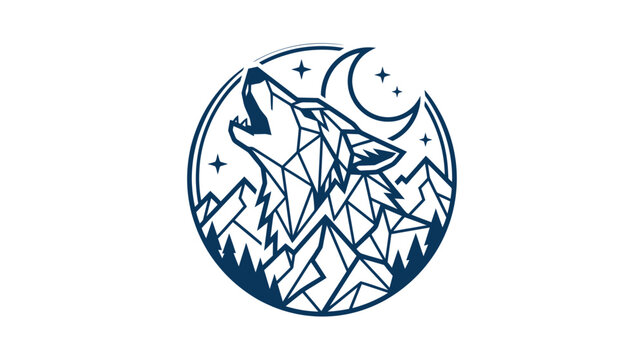 Howling wolf geometric badge with mountains and crescent moon