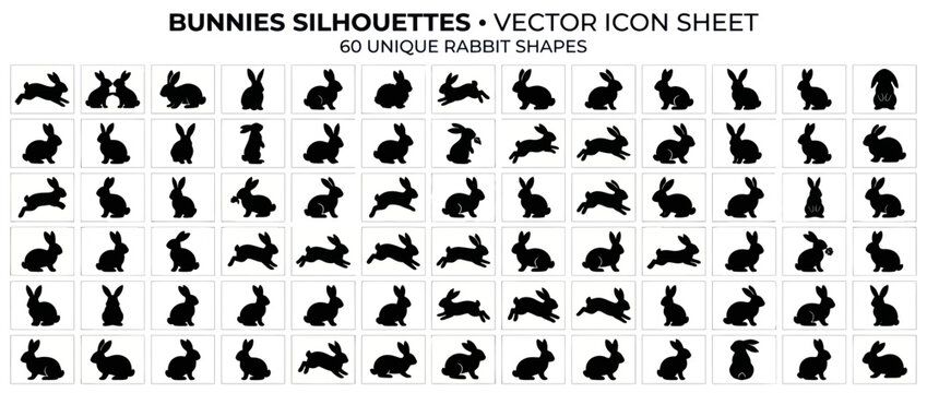 Black rabbit silhouettes in various jumping and sitting poses