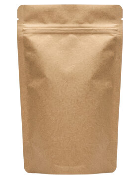 Brown kraft paper stand up pouch bag cutout on transparent background