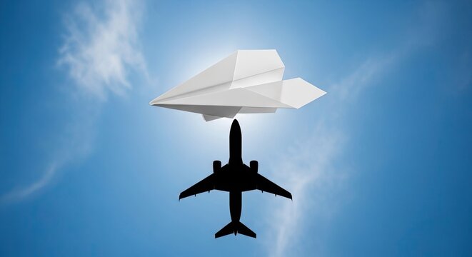 Paper plane shadow transforming into jet airplane.