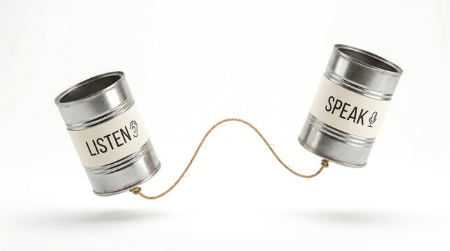 Tin can telephone with listen and speak labels connected by a string for communication concept isolated on white