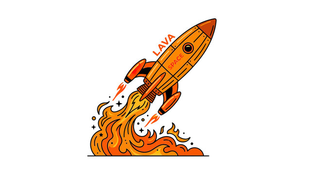 Orange space rocket blasting off with a trail of fire