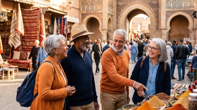 Elderly couples enjoy a vibrant market experience, laughing and exploring local crafts