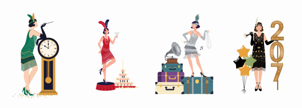 Vintage roaring twenties flapper girls set celebrating with champagne tower, grandfather clock, gramophone and party balloons in flat vector style illustration.