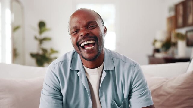 Wellness, face or black man in house with laugh, positive attitude or optimistic for day off. Wellbeing, portrait or mature person with humor expression, good mood and happy moment on weekend break.