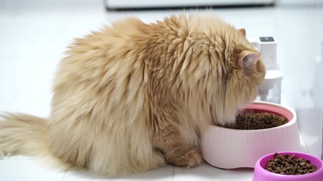 Fluffy cat with long hair and ginger fur, adorable domestic pet feline mammal eating dry food from pink bowl white floor indoors, relaxed and healthy animal enjoying meal with fluffy fur