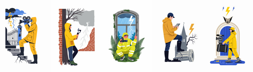 Fototapeta premium Set of illustrations depicting storm chasers and videographers capturing extreme weather, lightning strikes, and abandoned ruins in protective yellow raincoats.