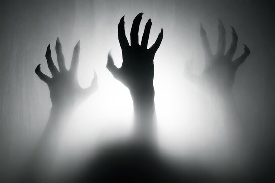 Spooky silhouette of hands reaching out from behind a frosted glass surface