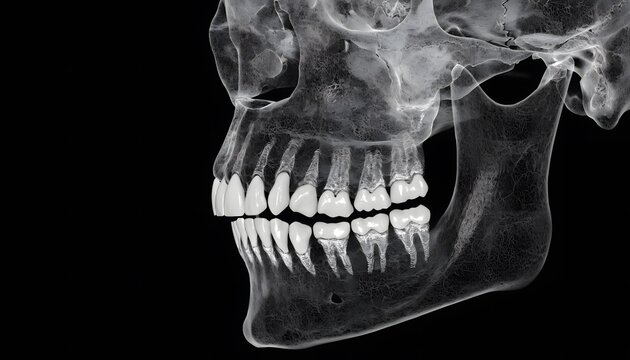 3d rendering of human skull with teeth side view