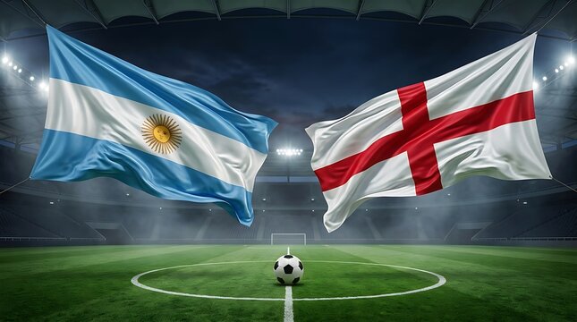 Argentina and england national flags waving over a soccer field with a football in a stadium, international football match concept