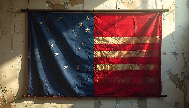 Historical vertical flag with blue stars and red stripes on wall.