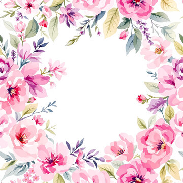 Beautiful watercolor floral composition framing empty white space with elegant spring garden flowers and greenery
