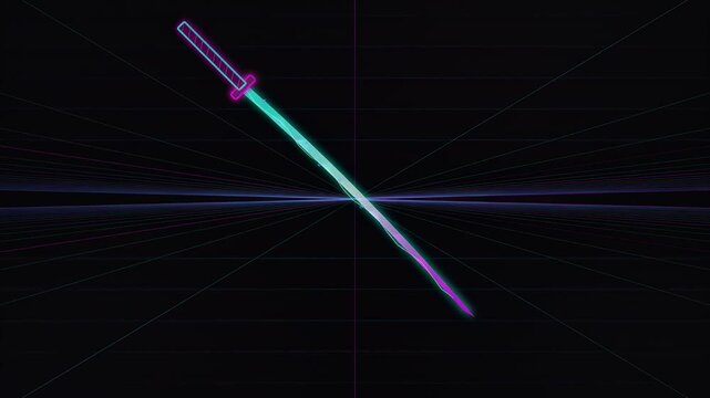 Futuristic glowing energy sword with neon wireframe handle, dynamic light trails intersecting in dark space, cinematic sci-fi weapon, symbolizing advanced technology, power, and digital combat
