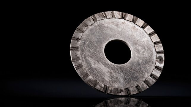 Circular metallic artifact with notched edge, centered hole, against black