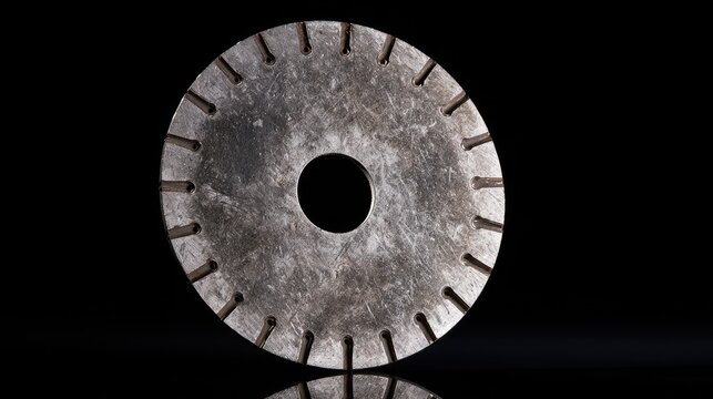 Circular metal disc with serrated edge and central hole on black
