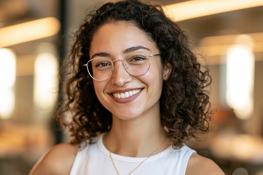Closeup portrait of a smiling young woman with curly hair and glasses in a bright office