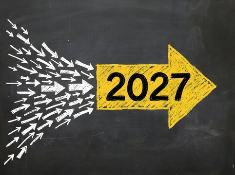 Many small white arrows converging into a large yellow arrow with "2027" written on a black background, symbolizing future focus and strategy.