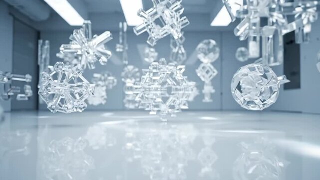 Dynamic Display of Geometric Ice Crystals in a Futuristic White Space.
