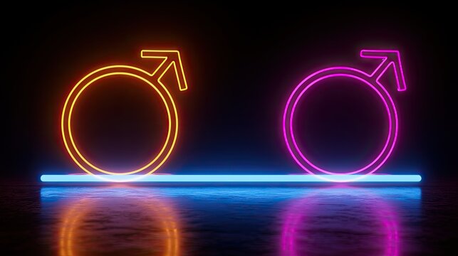 Two neon gender symbols glow against a dark background, reflected