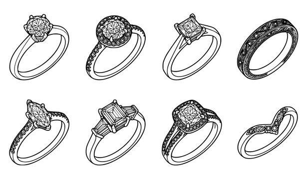 Luxury Diamond Ring Collection with Engagement Jewelry Designs, Wedding Bands, Gemstone Accessories and Elegant Fine Jewelry Vector Set