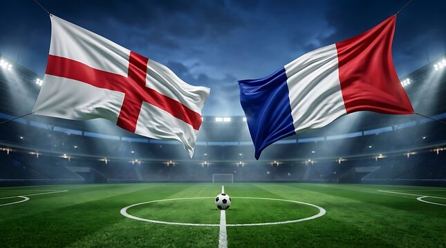 England vs france football match concept flags of england and france waving over a soccer stadium pitch with a ball in the center