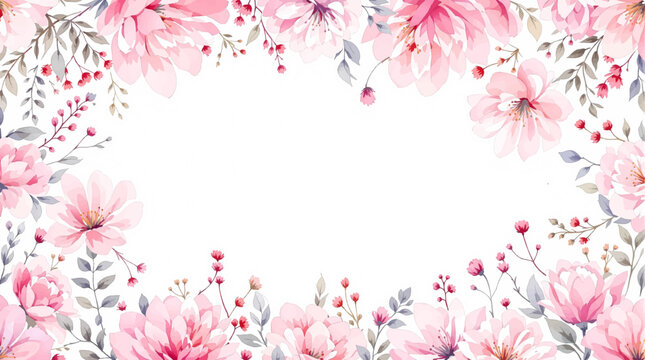 pastel flower watercolor frame with blooming botanical accents around empty white center background composition