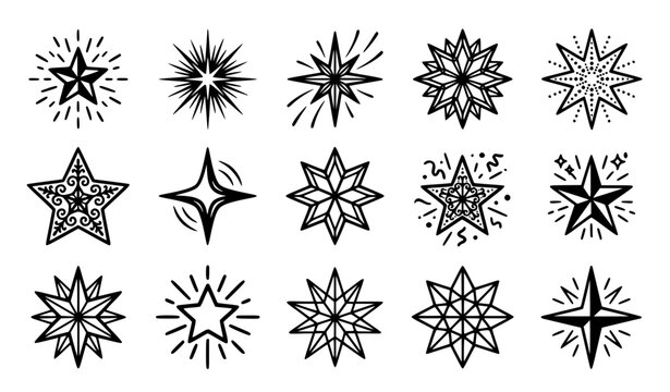 Decorative Starburst Collection with Sparkle Shapes, Radiant Light Effects, Celestial Design Elements and Shining Ornament Vector Set