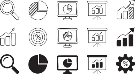 Fototapeta premium Data visualization outline icon collection featuring dashboards, pie charts, percentage targets, reports, and business performance analytics