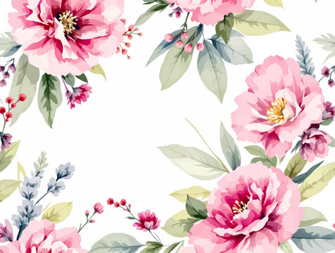 botanical watercolor border with blooming flowers creating elegant blank center for greeting card layouts
