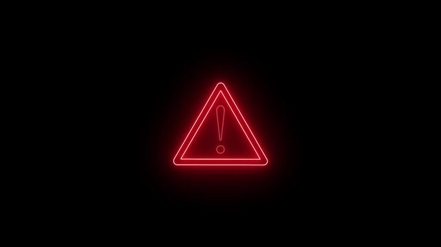 Glowing red neon warning exclamation triangle sign loop on black background