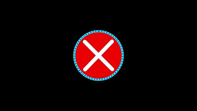 White cross mark in red circle with rotating cyan dashed ring on black background