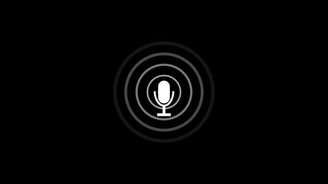 White microphone icon with expanding circular sound waves on black background