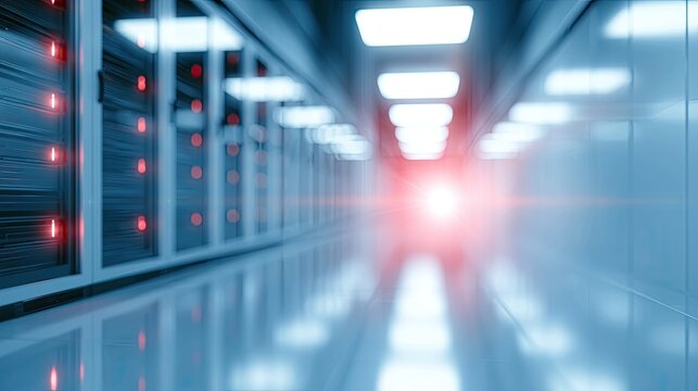 Futuristic server room with rows of glowing red lights and reflections