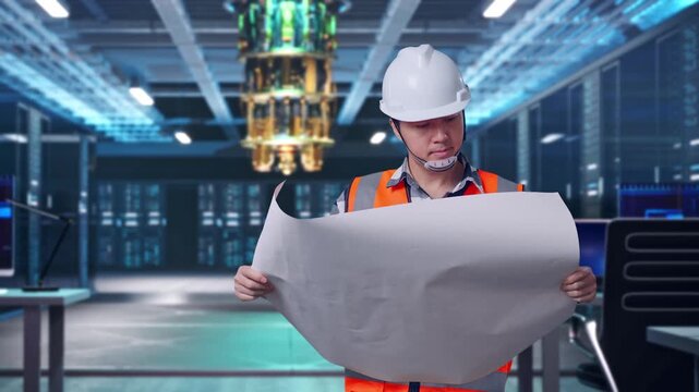 Asian Male Engineer With Safety Helmet Looking At Blueprint In His Hands And Looking Around While Standing at Futuristic Quantum Computer Data Center Control Room