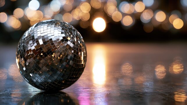 Silver disco ball reflects soft, blurry bokeh lights, creating a festive atmosphere
