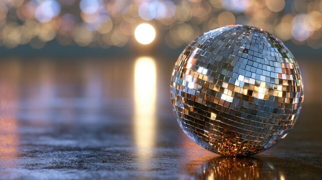 Gleaming disco ball on wet floor reflecting warm lights and bokeh