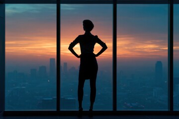 Naklejka premium Silhouette of a confident businesswoman standing with hands on hips looking out of a highrise window at sunset