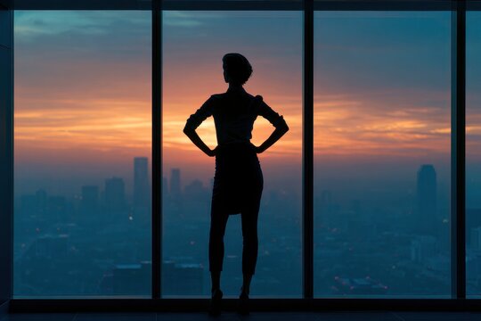 Silhouette of a confident businesswoman standing with hands on hips looking out of a highrise window at sunset