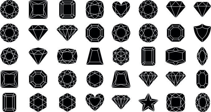 Diamond and precious gemstone cuts icon set featuring black solid silhouettes with white geometric wireframe line facets for jewelry graphic design